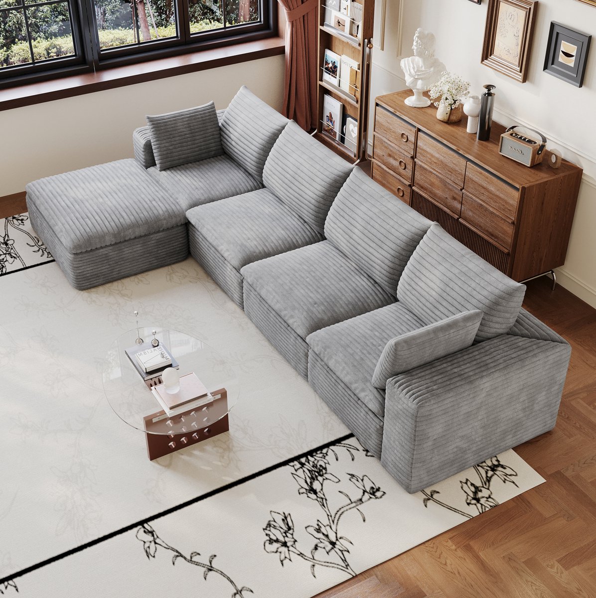 FloraGrace Hoekbank 340 Cm - 5-Zits Modulaire Bank Met Linkse Chaise Longue En Afneembare Kussens - Voor Woonkamer Of Slaapkamer - Stof - Grijs