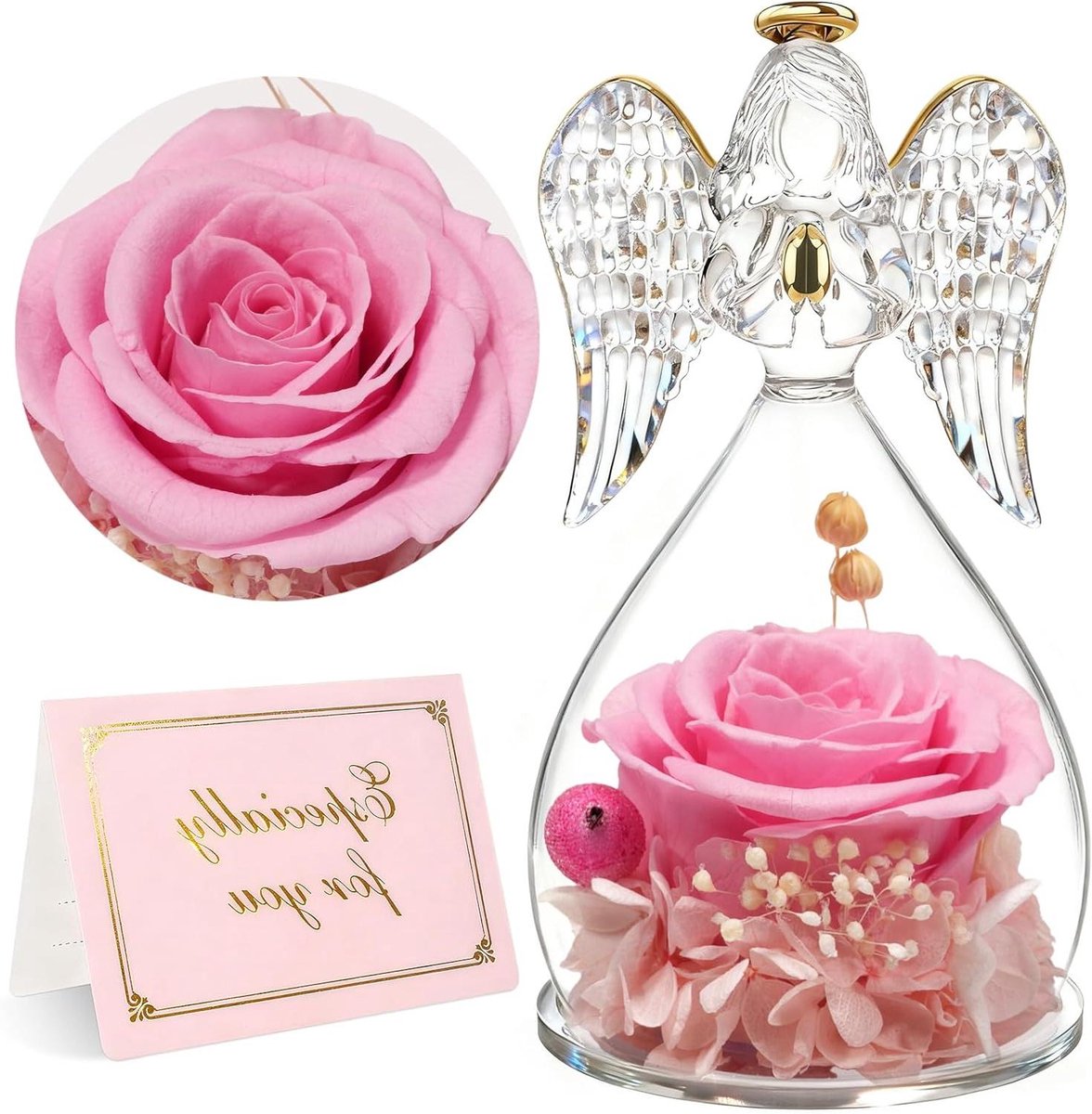 Eeuwige Roos Engel - Gedroogde Bloem Decoratie - Cadeau Geven - Echte Roos Behoud - 13 cm Hoog - Roze