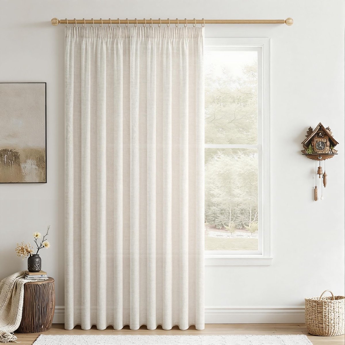 Gordijnen met plooiband, ivoorwit, 245 x 200 cm (h x b), linnenlook, kort, raam, woonkamer, gordijn, linnen, halftransparant, set van 1, gordijnen, ivoorwit, slaapkamer, keuken en kinderkamer