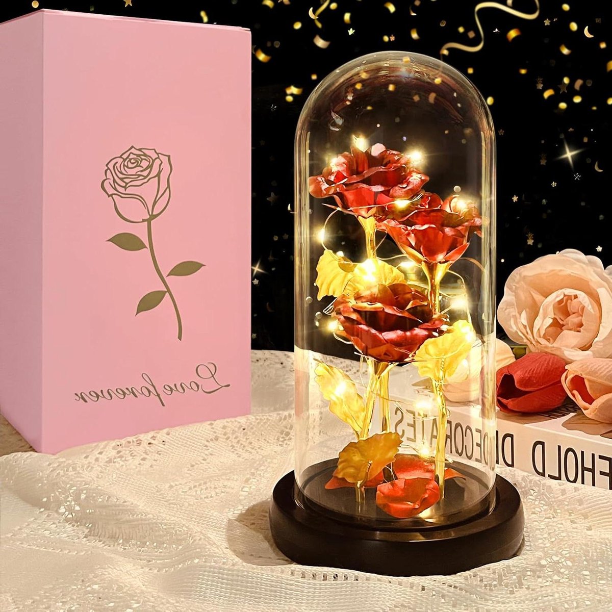 Galaxy Roos in Glazen Koepel - Eeuwige Bloem LED - Romantisch Cadeau - Gouden Bloem met LED