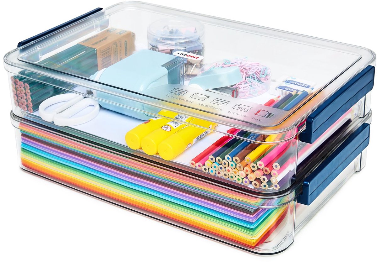 2 Stuks 5.2 l, 23 x 33 cm, Plastic Draagbare Opbergdoos Met Snap-slot, Doorzichtig, Stapelbaar, Met Deksel, Organizer, Container, Voor A4 Dossier, Foto, Documenten, Scrapbook, Knutselgerei