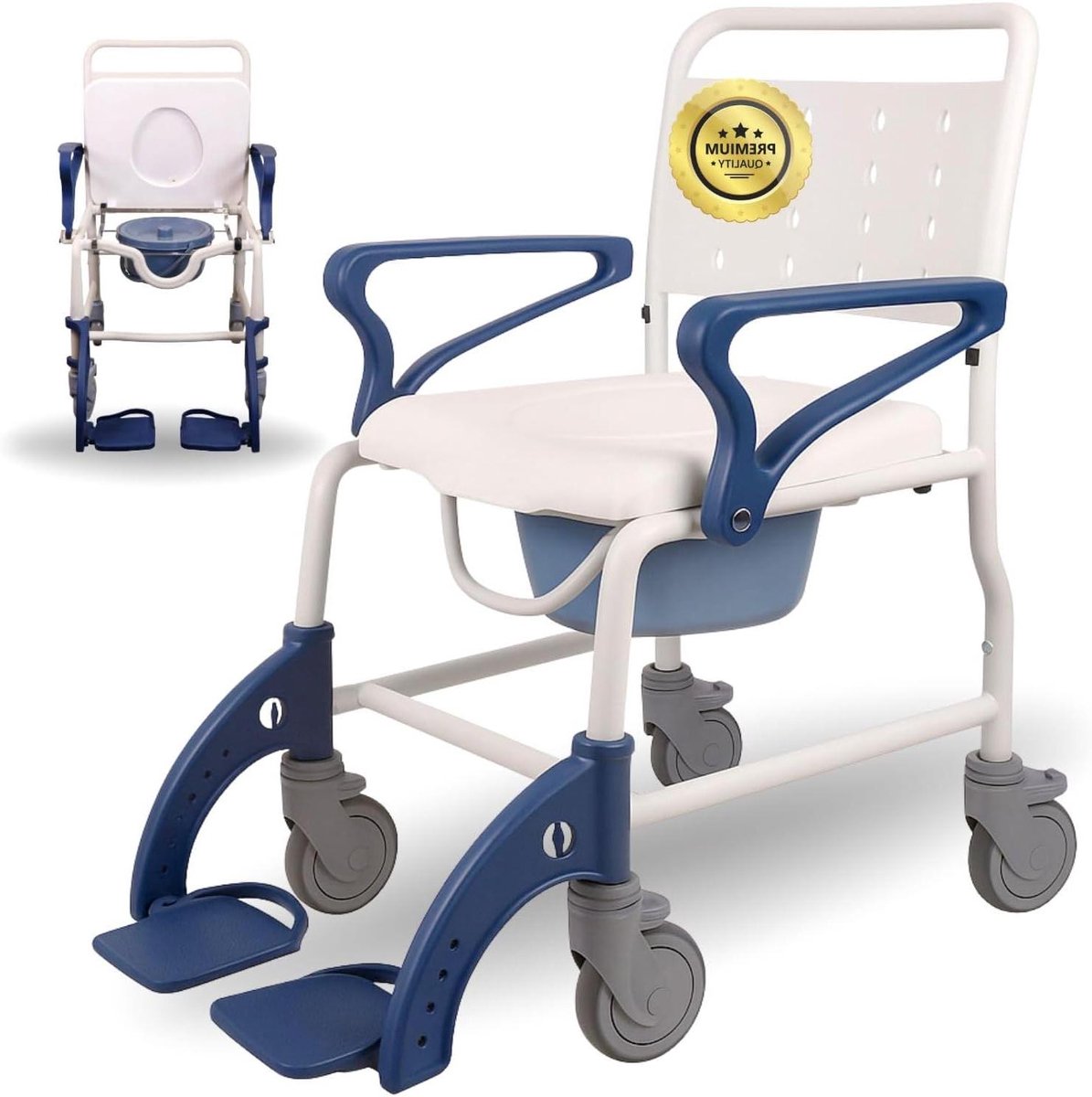 Douchestoel met Wielen - Toiletstoel Senioren - Dagelijkse Hygiëne - Multifunctioneel 3-in-1 - 136 kg Belasting - Grijs