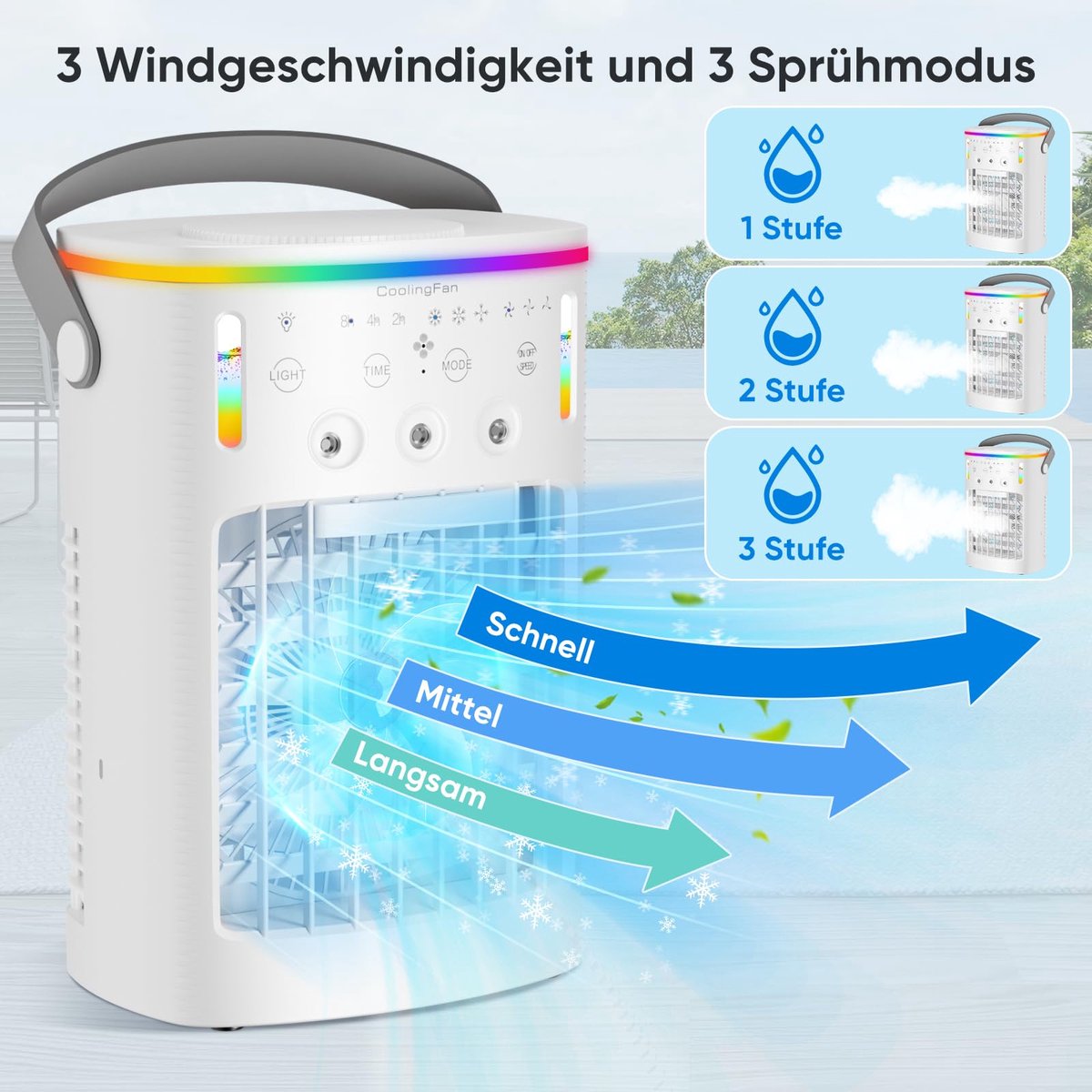 Mobiele airconditioning - mini-airconditioner voor de kamer - 4-in-1 luchtkoeler met waterkoeling - 1000 ml airconditioner zonder afvoerslang - draagbare airconditioner met 3 standen en kleurrijk licht voor de kamer – foto 3
