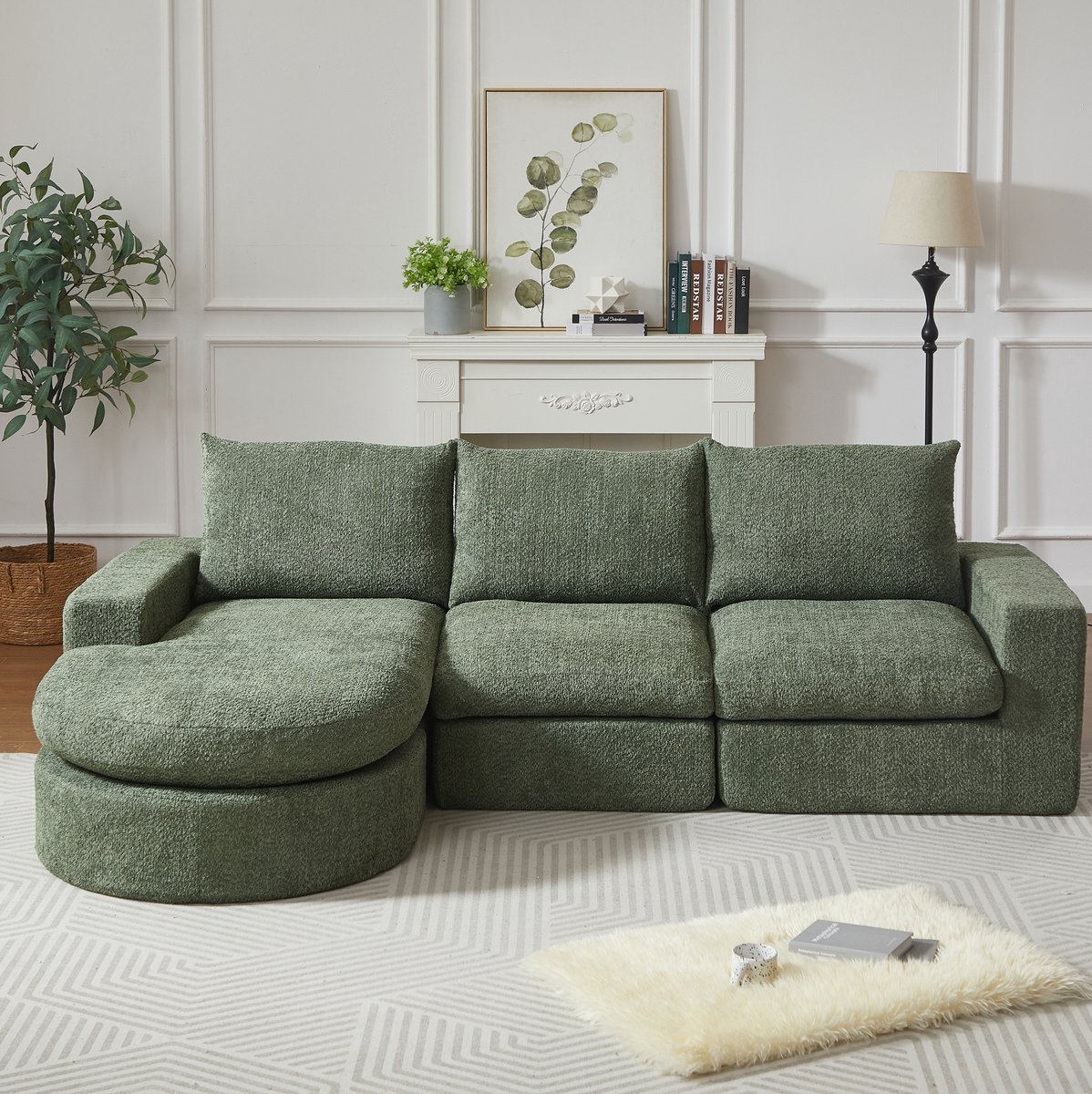 Groene Hoekbank Modulaire Bank 3 Zits Met Verplaatsbare Chaise Longue Links En Rechts Chenille Voor Woonkamer