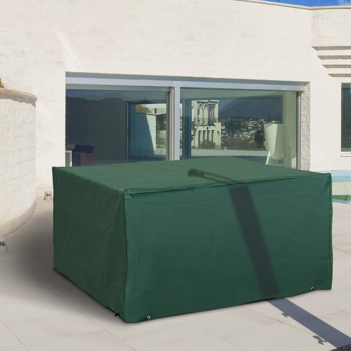 MEUNIQ tuinmeubelhoes 135 x 135 x 75 cm 600D Oxford stof met PE-coating, 8 oogjes en trekkoord, voor tuinmeubelen, balkontafel of barbecue, groen
