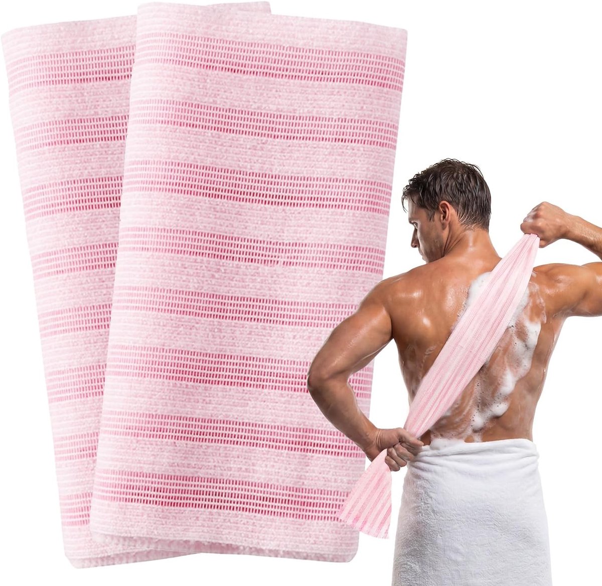 Set van 2 exfoliërende handdoeken, extra lange Japanse scrubdoek, doucheborstel voor lichaam, scrubhandschoen loofah voor dames en heren (Roze strepen)