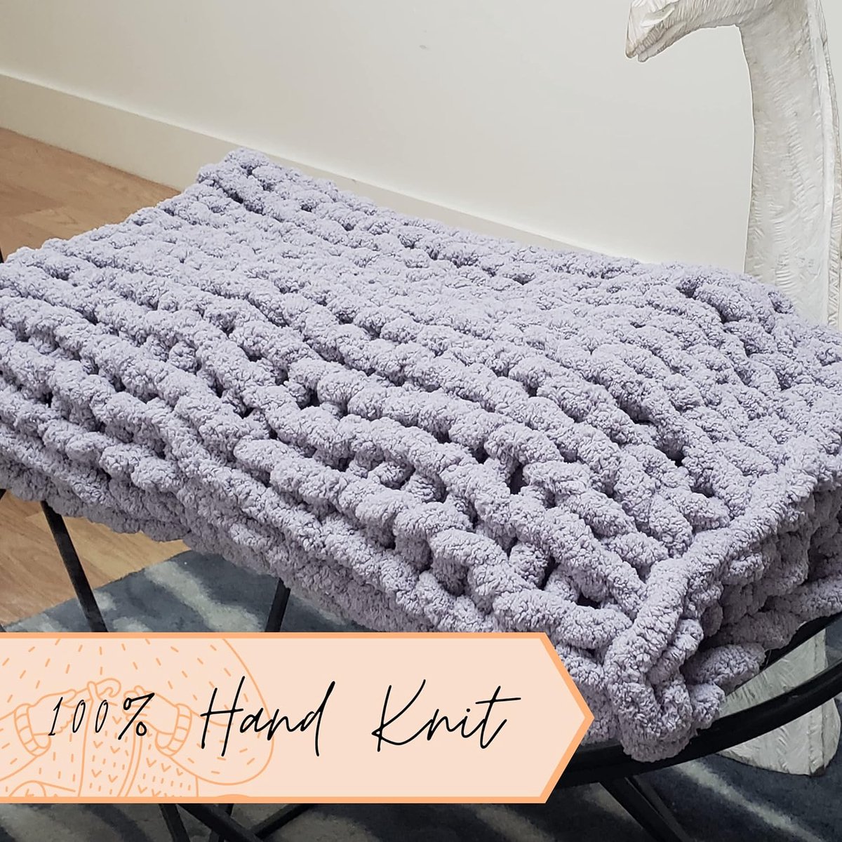 Grof gebreide deken plaid | 100% handgebreid met jumbo chenille-garen (30 x 40 inch, lila grijs)