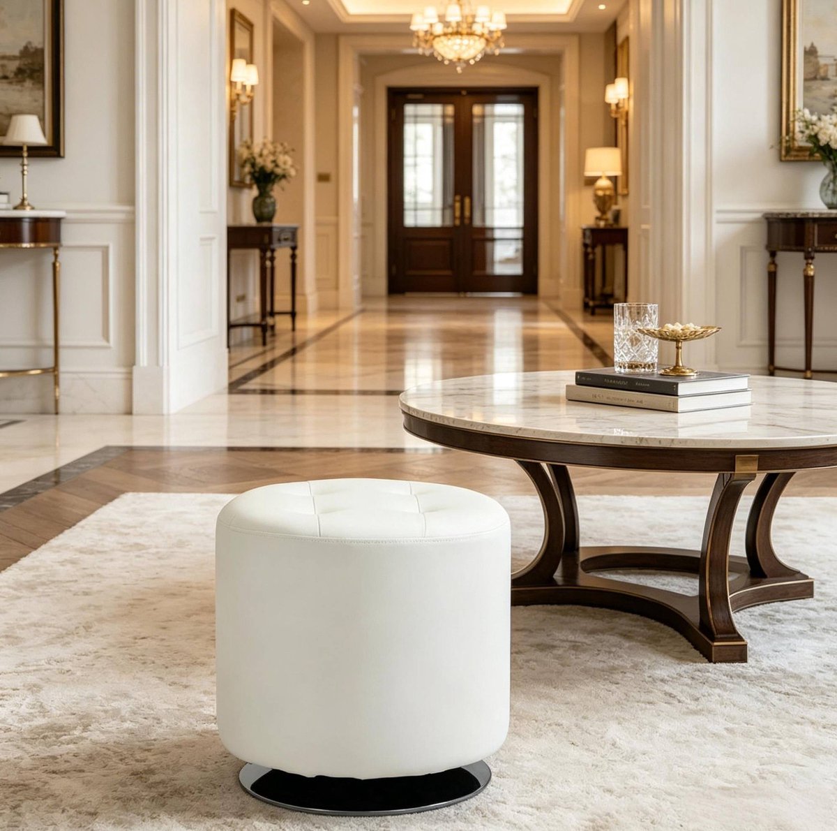 STILVORA Voetenbankje – Draaibaar Rond Design – Ø 45,5 x 44,5 cm – Kunstleer en Metaal – Wit – Voor Woonkamer, Slaapkamer of Kantoor