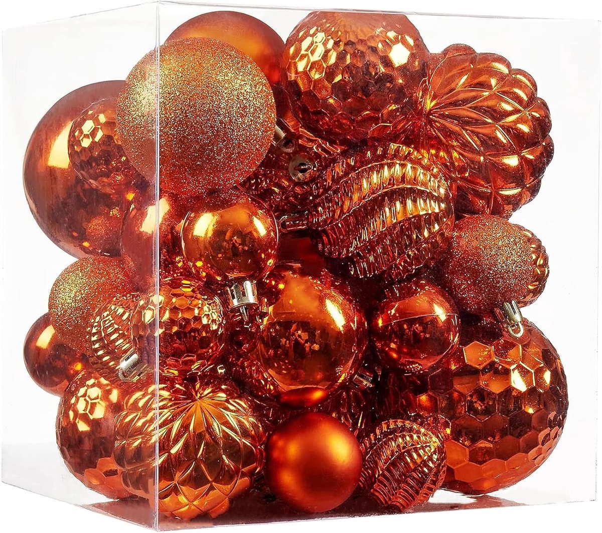 Kerstballen ornamenten, 36 stuks onbreekbare kerstboomdecoraties met ophanglus voor kerstboom, bruiloft, vakantie, feest, woondecoratie, 6 stijlen in 3 maten (oranje)