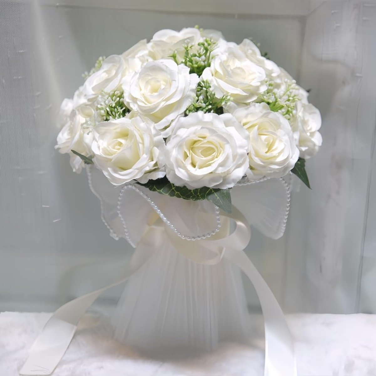 Bruidsboeketten voor bruid, champagne, kunstrozen, bloemen, decoratie, bruidsmeisje, bloemen voor bruiloft, Valentijnsdag, feest, galadecoraties (wit)