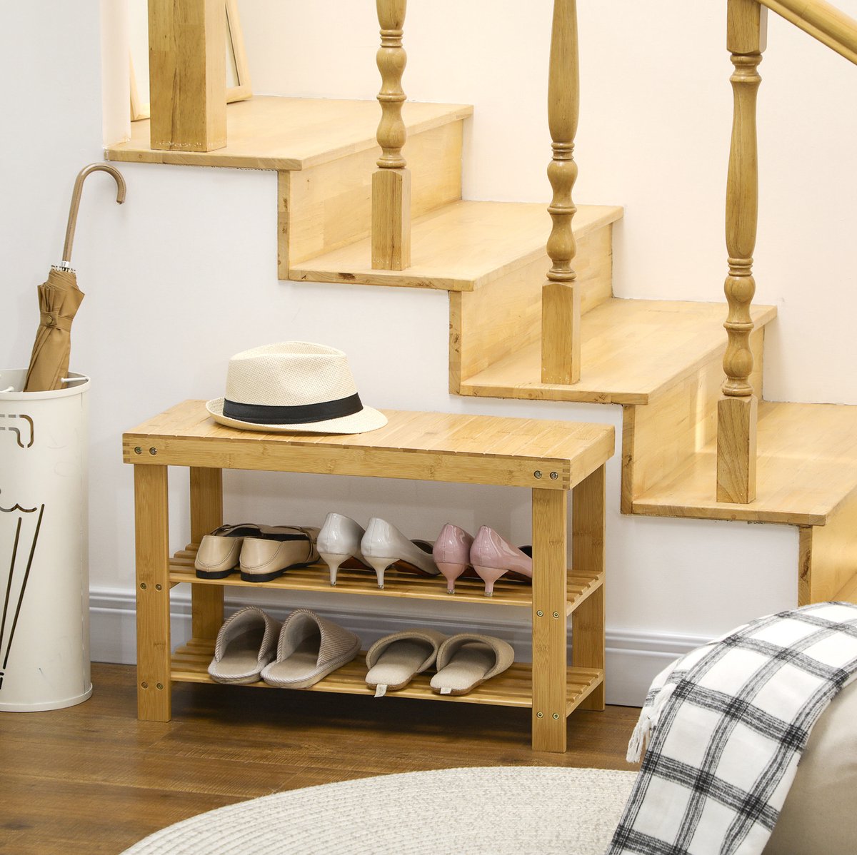 MEUNIQ Schoenbank van bamboe, 70 x 28 x 45 cm, met 3 opberg­niveaus en zitvlak, voor hal, entree en slaapkamer in naturel houtkleur