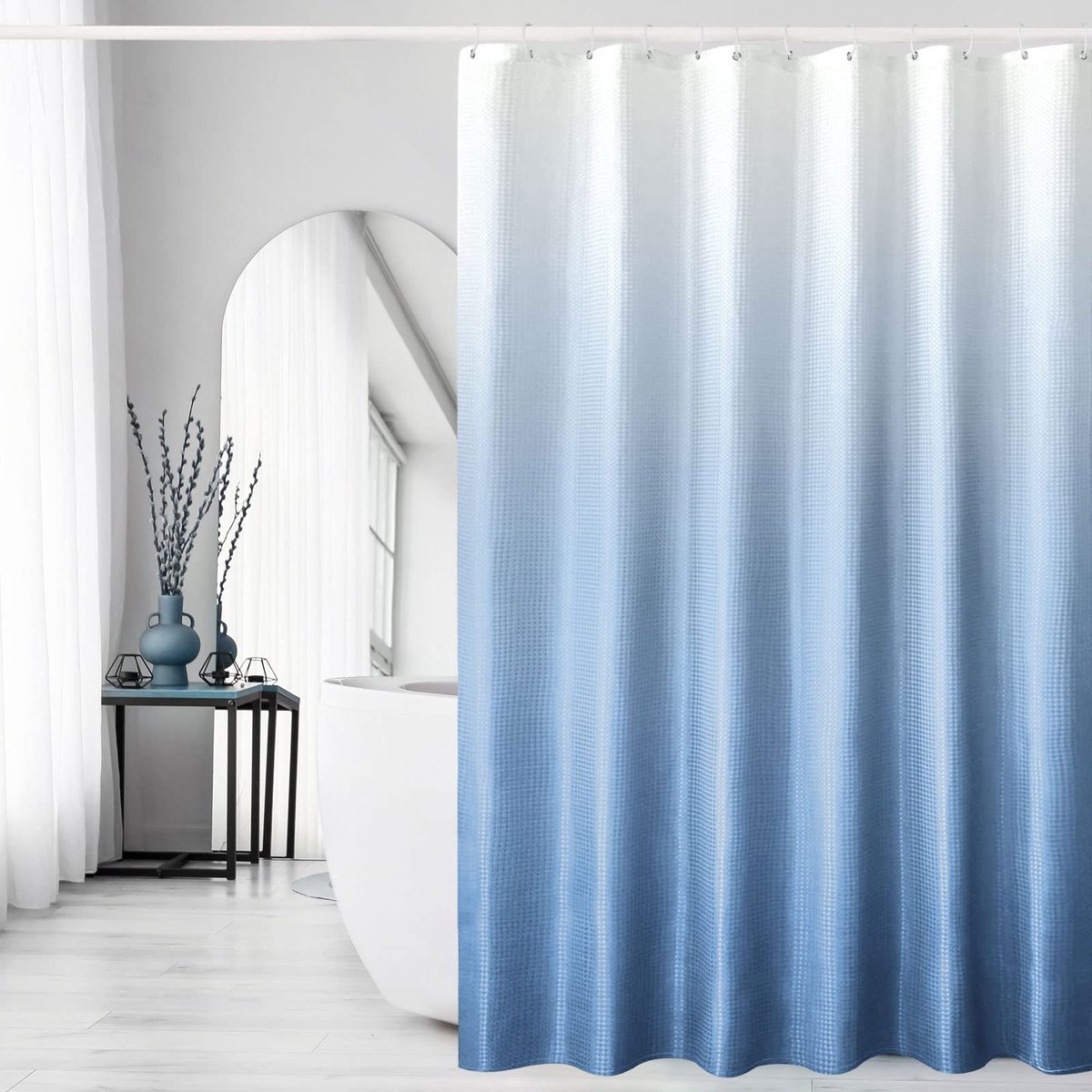 Extra lang douchegordijn 72 x 84, hoog blauw ombre douchegordijn voor badkamer, wafelweefsel douchegordijn set met haken, waterafstotend, machinewasbaar