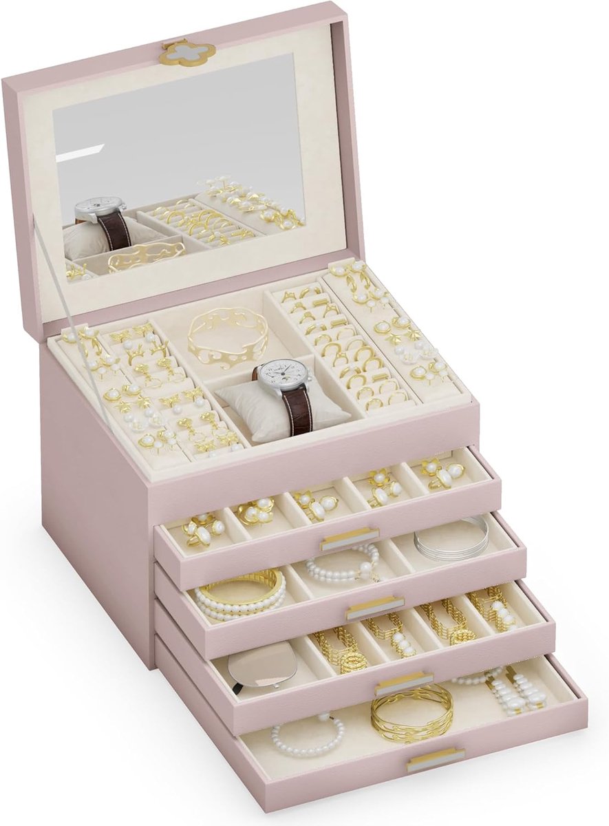 Dream Sieradendoos, afsluitbaar, 5 niveaus met 5 laden, met spiegel, voor ringen, oorbellen, halskettingen en armbanden (Roze 03-7)
