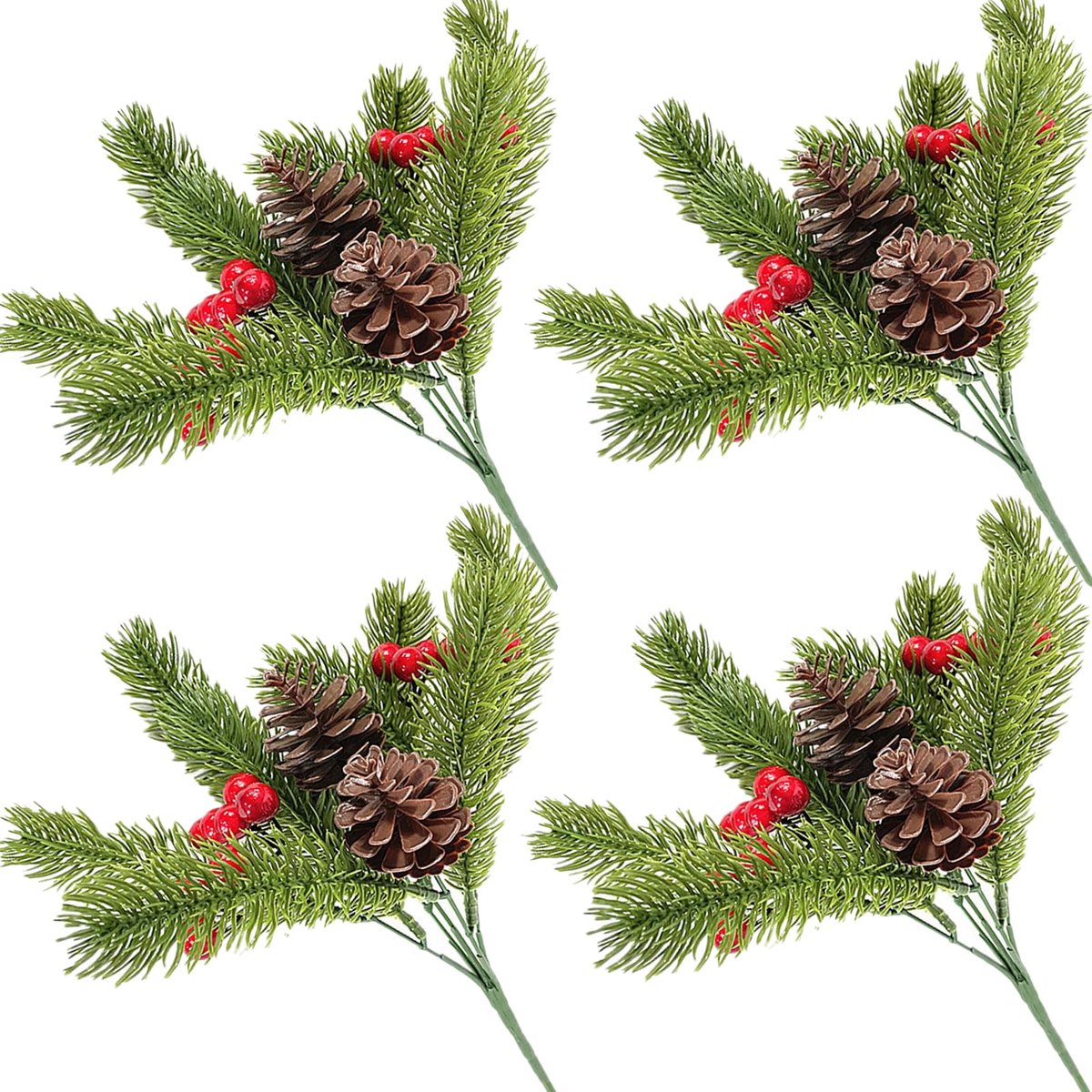 4 stuks kunstdennentakken met bessen en dennenappels, kerstbessentakken, dennenappels, takken, kunstdecoratietakken voor kerstboomversiering en slinger, decoratie (stijl 1)