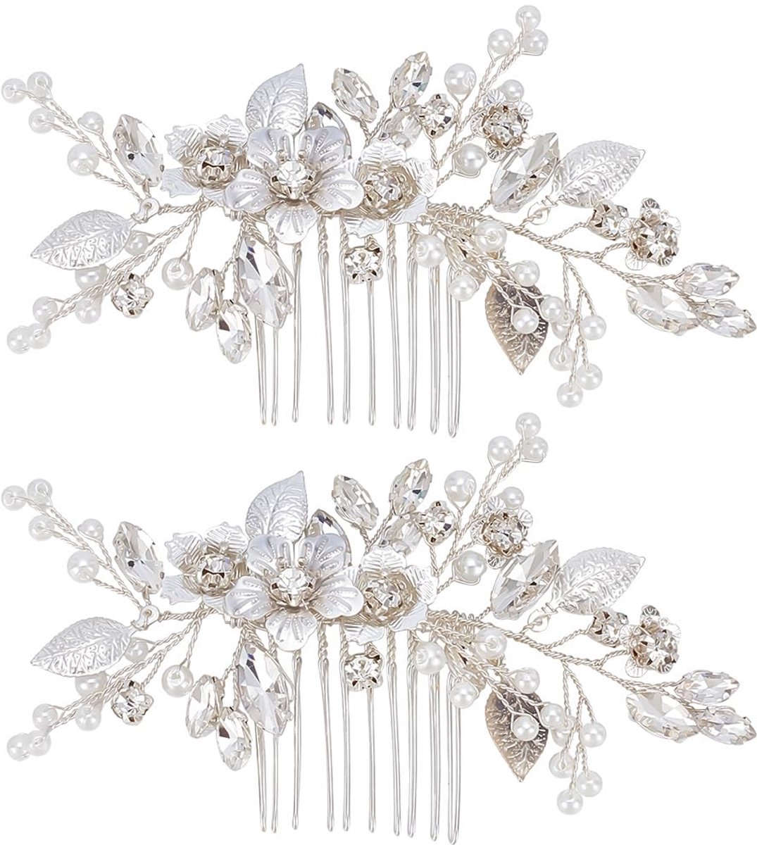 Haarkam, parelblad haarstuk bruids haarspelden vintage kristallen hoofddeksels clip bruiloft haren accessoires voor vrouwen bruidsmeisjes decor (zilver)