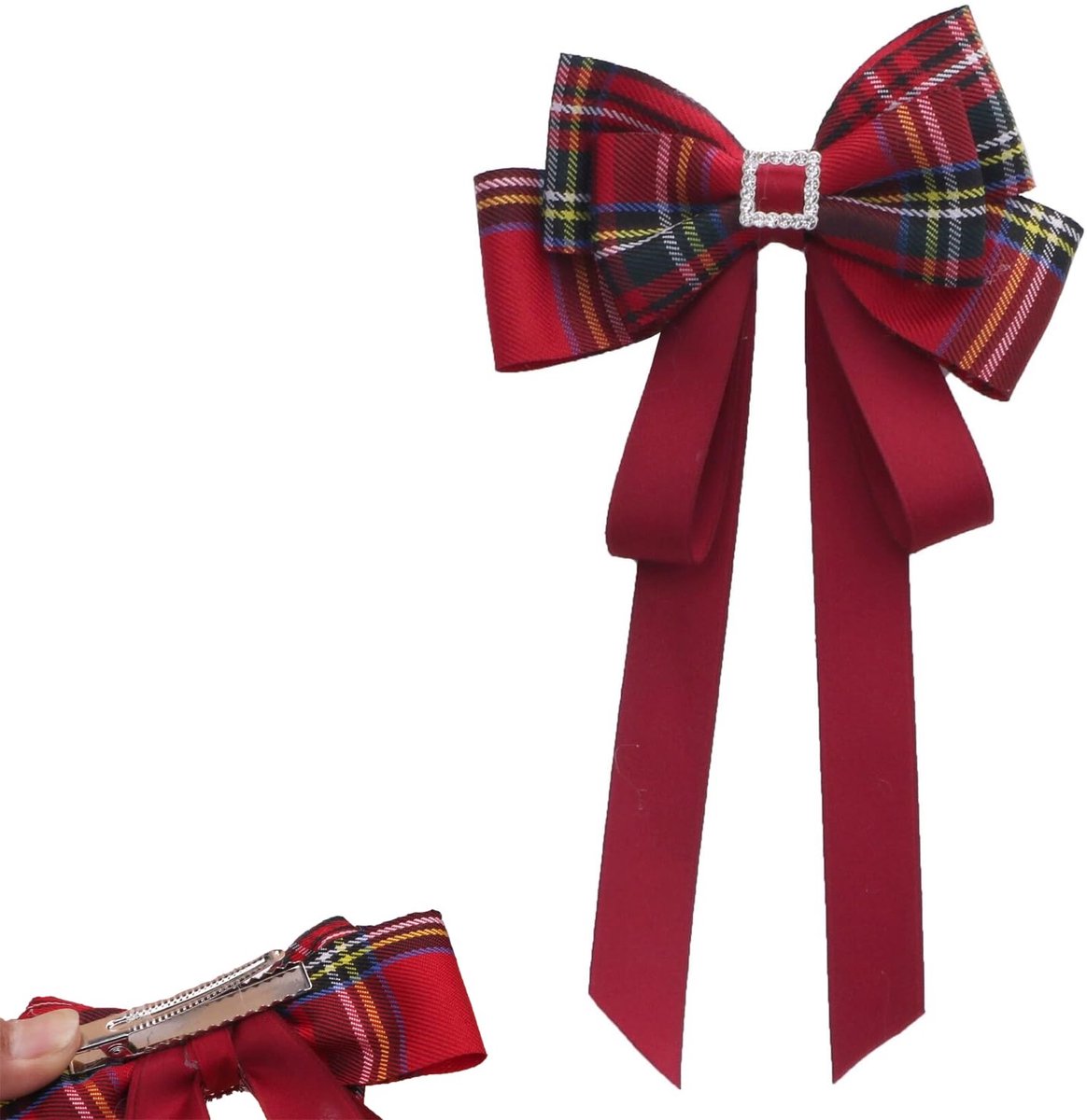 Haarstrik met strass gesp, rood geruit lint met lange staarten, grip clip voor vrouwen meisjes kinderen, kerst brandwonden nacht feest
