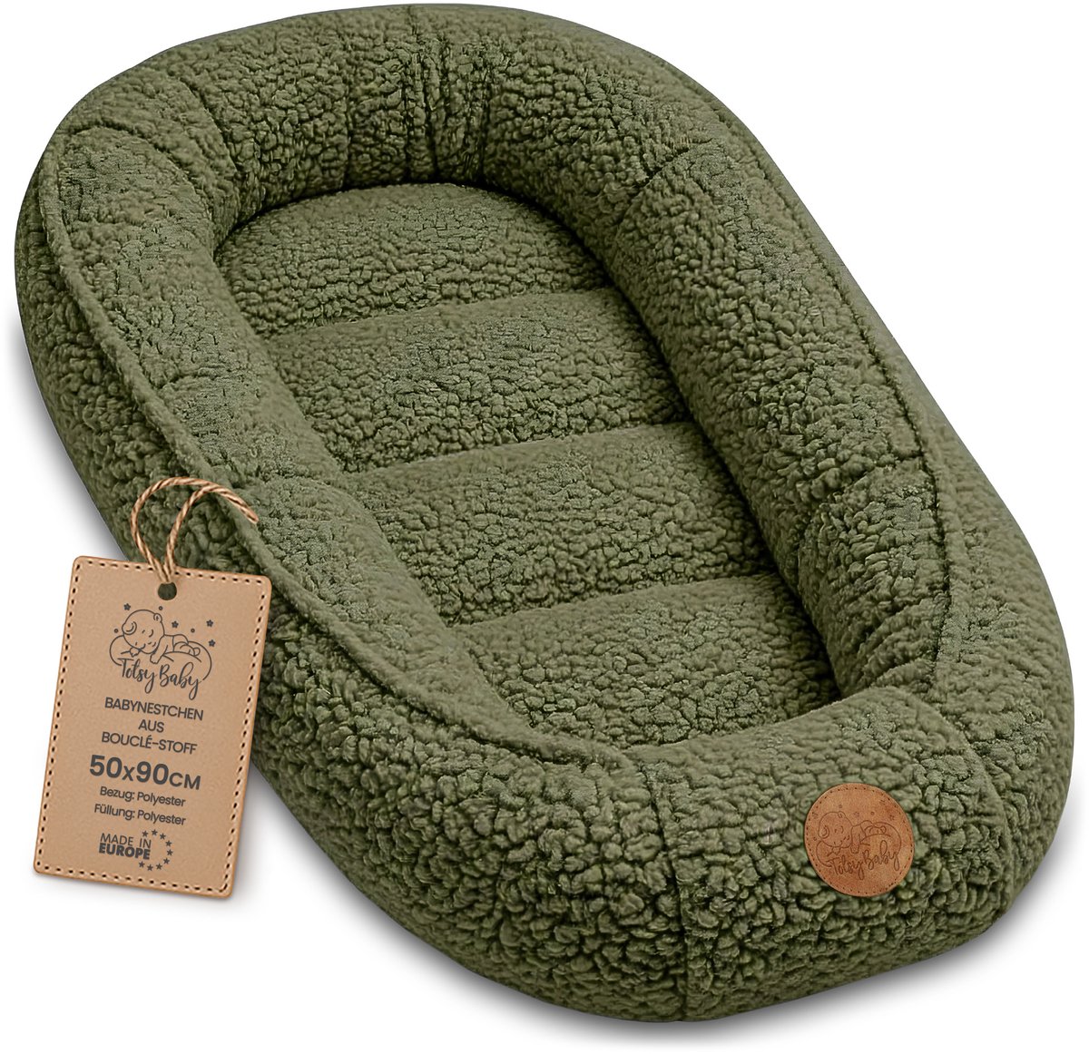 Knus Baby Nestje Pasgeborene – zacht draagbaar en comfortabel Nest voor Ledikant Kinderbed Wieg Babykamer en Onderweg – behaaglijk voor Jongen & Meisje 90x50 cm Olijfgroen