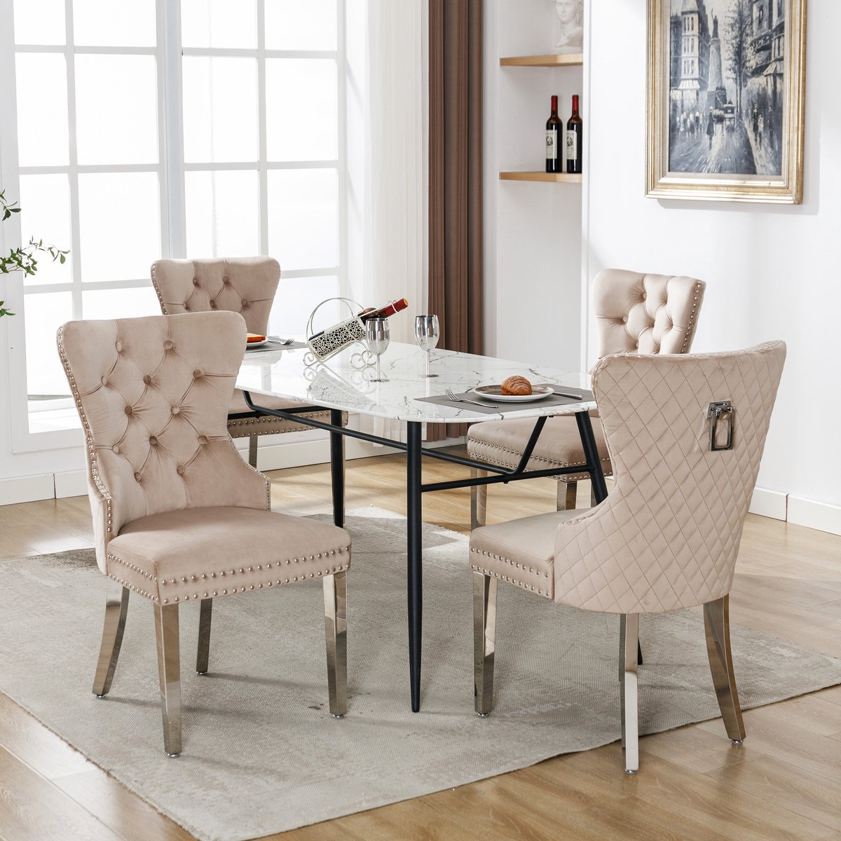 DESMIU Eetkamerstoel Set Van 4 - Gestoffeerde Velvet Stoel Met Knopen En Metalen Poten - Voor Eetkamer En Woonkamer - Beige