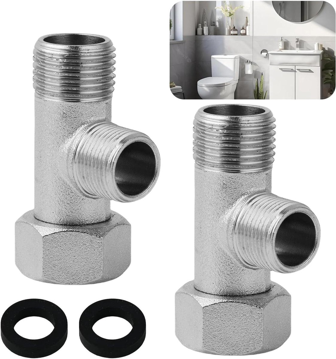 Hoekventiel Set - T-stuk Kraan - Waterleiding Verdelen - 180° Draaibaar - 2 Stuks - Zilver
