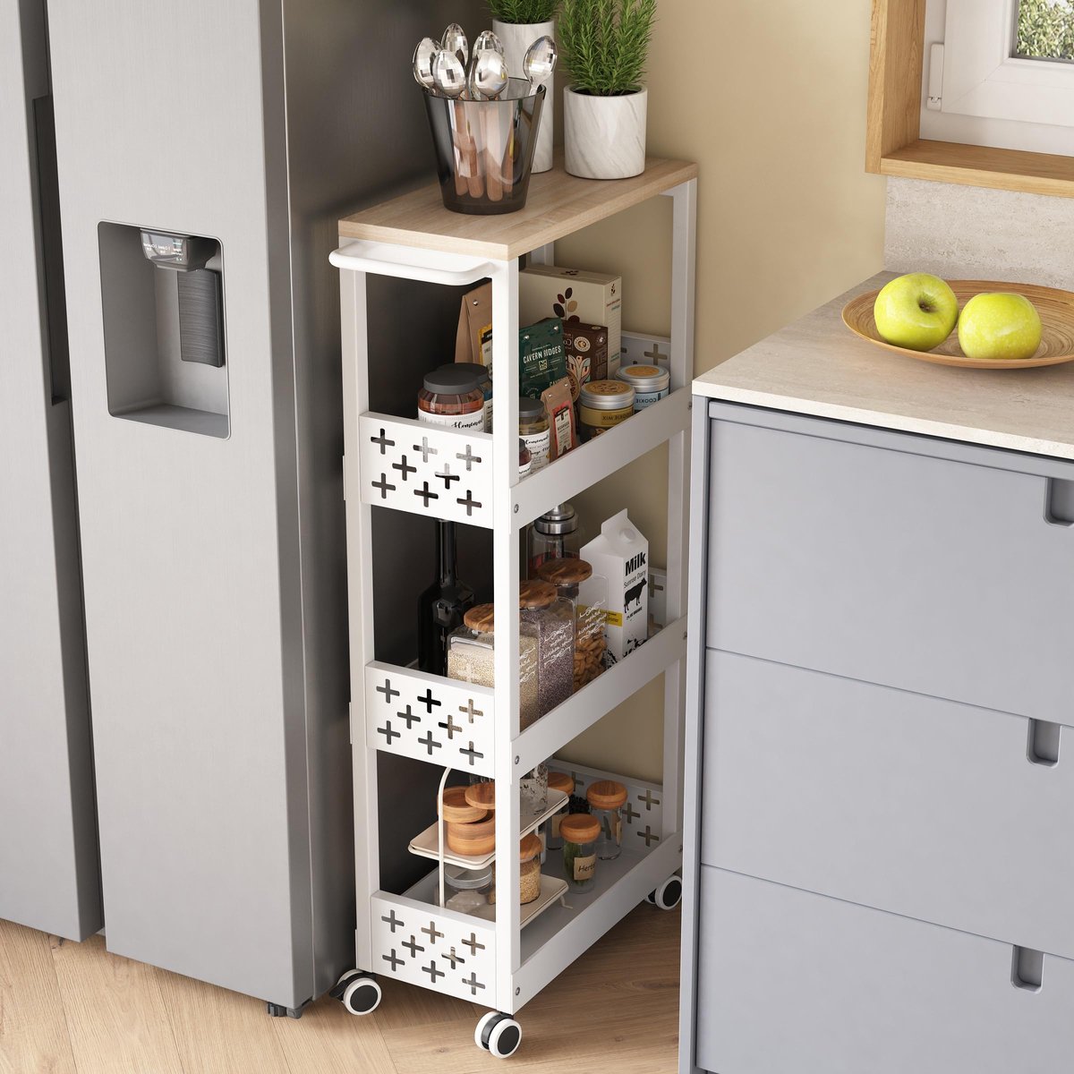 Trolley met 4 niveaus, 4-laags rollende keukenrek op wielen, smalle keukentrolley Met metalen handvat, Geschikt voor kleine ruimtes, keukens, badkamers, woonkamers, studeerkamers (wit)