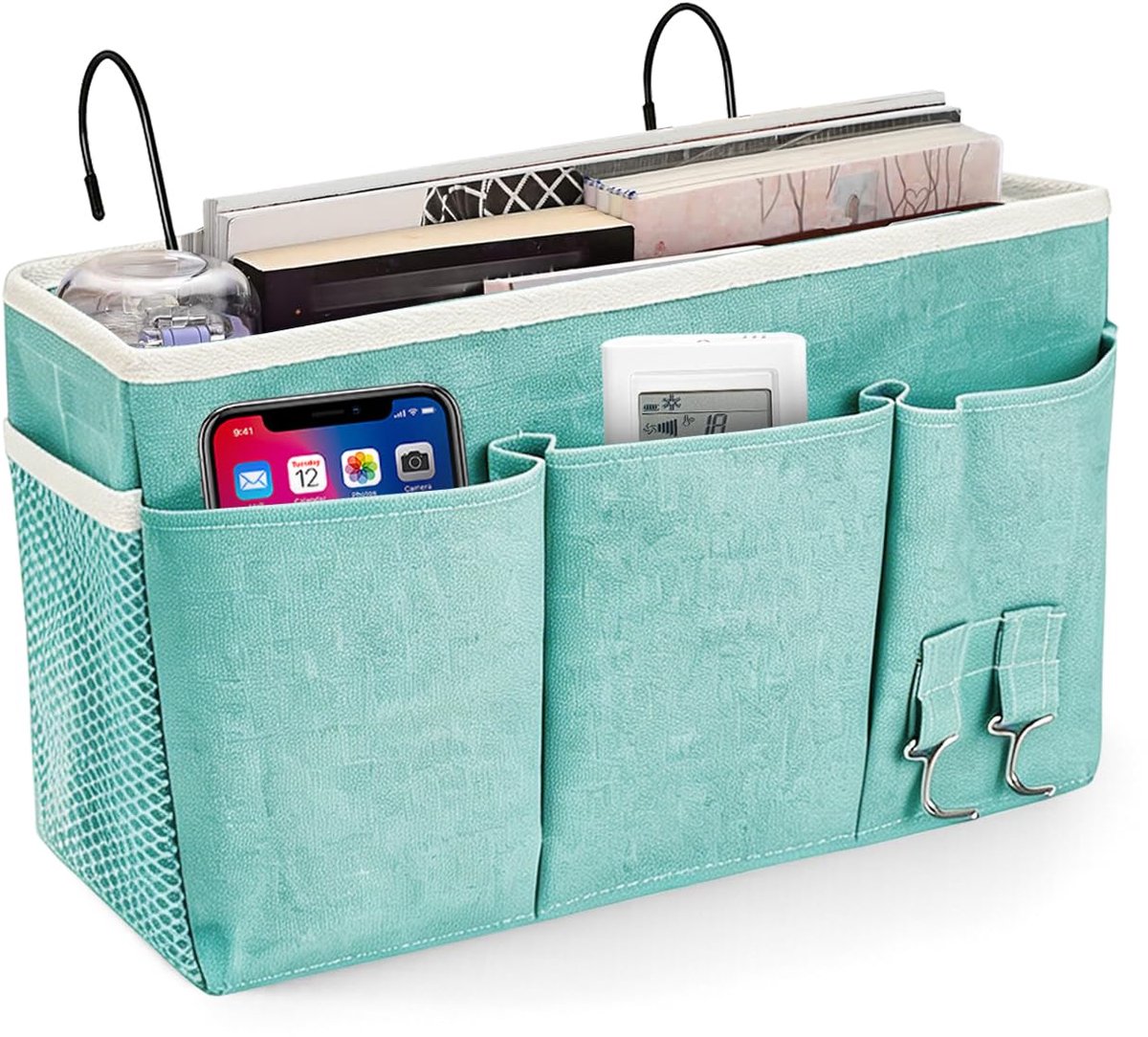 hangorganizer met metalen haken, 35 x 20 x 12 cm, hangmand voor bed en babybed, grote capaciteit, zijvakken en netvak, stabiele bedhangenorganizer, groen