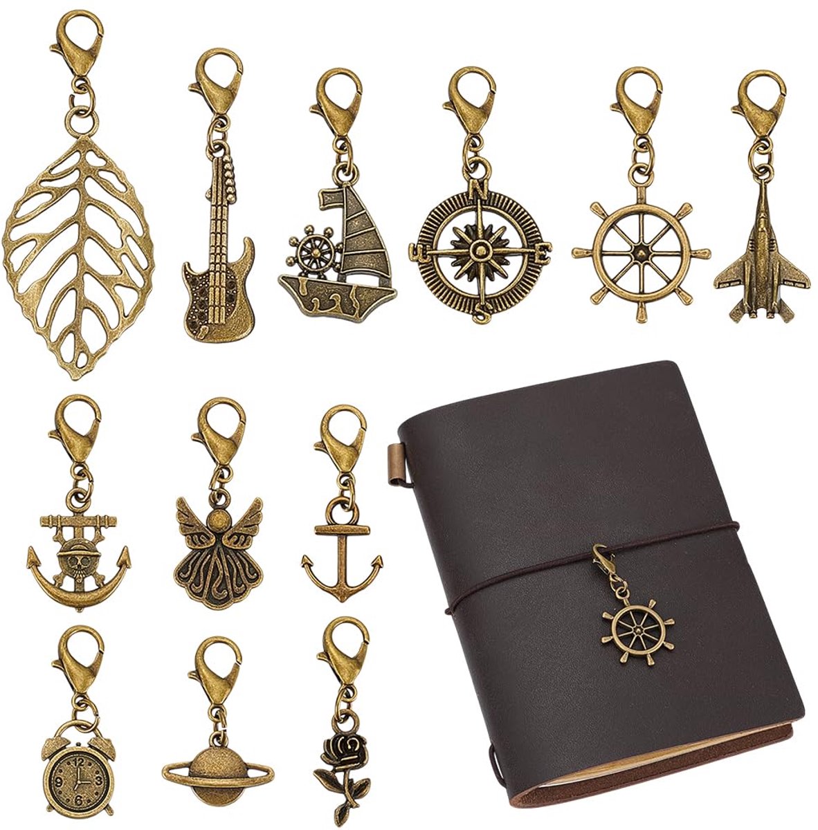 12 stijlen reizigersnotitieboekje vintage bedels, armbandbedel met kreeftsluitingen voor het maken van sieraden, notitieboekdecoratie, antieke gouden legering hangers voor dagboek planner