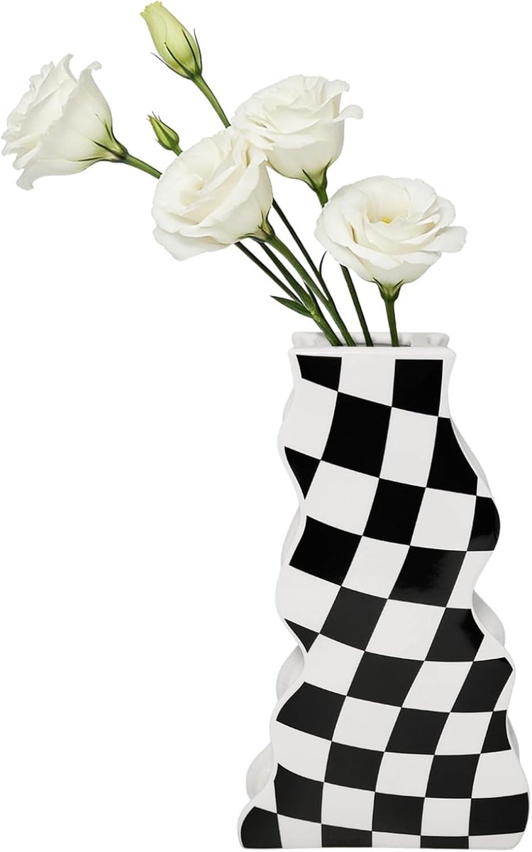 Vazen zwart en wit geruit, decoratieve vaas voor bloemen, moderne vaas interieurdesign, decoratie voor woonkamer, slaapkamer, kantoor, tafel decoratie (M)