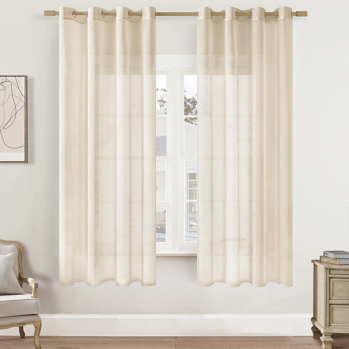 Gordijn, beige, 140 x 160 cm, halftransparant, gordijnen met ogen, linneneffect, kort, 2 stuks, voor gordijnroede, interieurdecoratie, raam, woonkamer, slaapkamer, keuken, kinderen