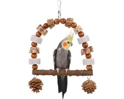 Boogschommel met blokken en mineralen, schommel met dennenappels als accessoire voor een vogelkooi, hangmat voor vogels, speelplaats voor vinken, parkieten, grasparkieten en valkparkieten