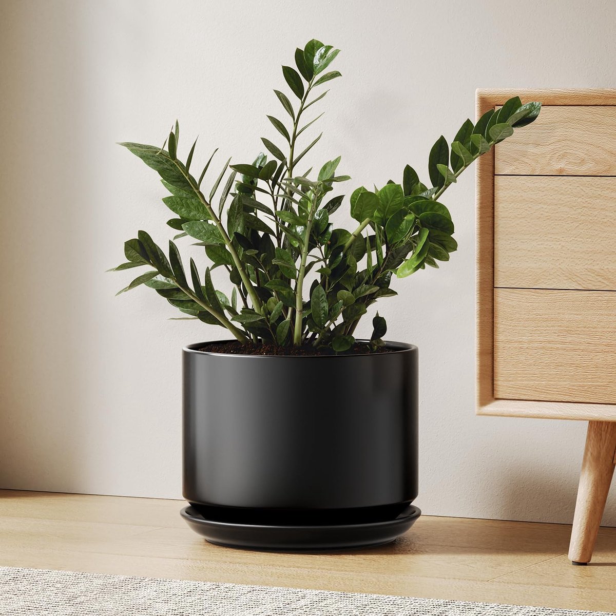 TAUCI Keramische Plantenpot 25 cm met Drainagegat en Schotel, Grote Stevige Bloempot voor Binnenplanten, Moderne Pot voor Woonkamer of Kantoor, Zwart