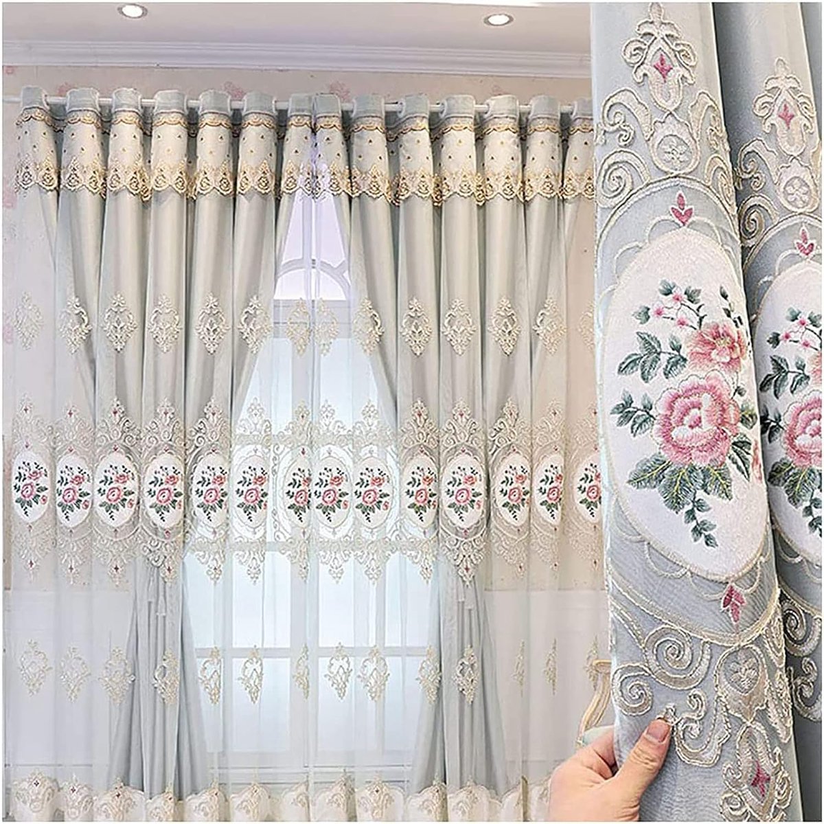 verduisteringsgordijn, wit geborduurd mix match kant borduurwerk pure arcering raam draperen volant paneel voor slaapkamer woonkamer thermisch geïsoleerd,Grijs,2.3 * 2.7M