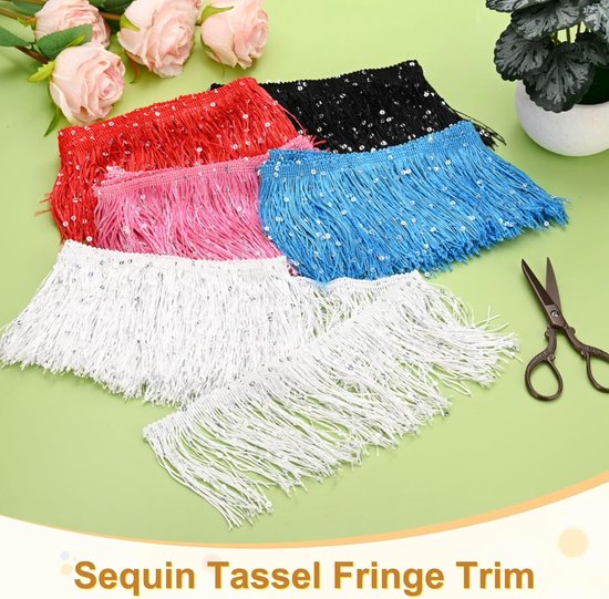 METERXITY 1 Yard Pailletten Kwastje Fringe Trim 4 "Sprankelend Polyester Franje Trim Lint Boho Kant Naaien Trimmen voor Latijnse Jurk/Rok/DIY Naaien Ambachten [Blauw] — afbeelding 3