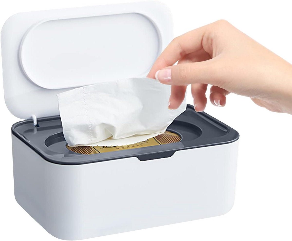 Doos Vochtige Doekjes - Opbergbox Baby - Hygiënisch Gebruik - Houdt Doeken Fris - 19x13x7.8 cm - Grijs Wit