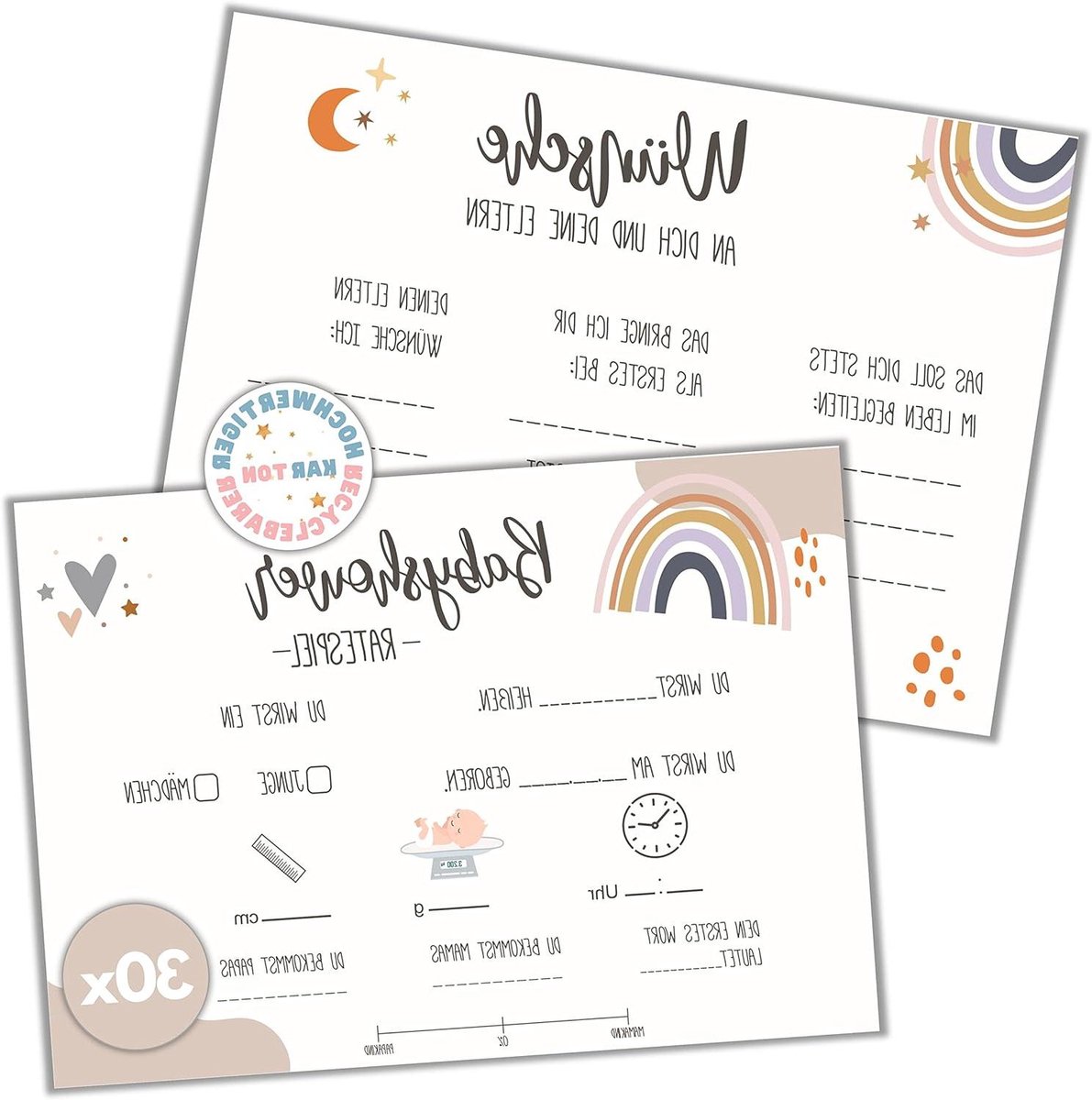 Babyshower Raadspel Kaarten - Baby Party Spel - Voorspellingen Invullen - Liefdevol Ontworpen - 30 Stuks A6 - Meerdere Kleuren