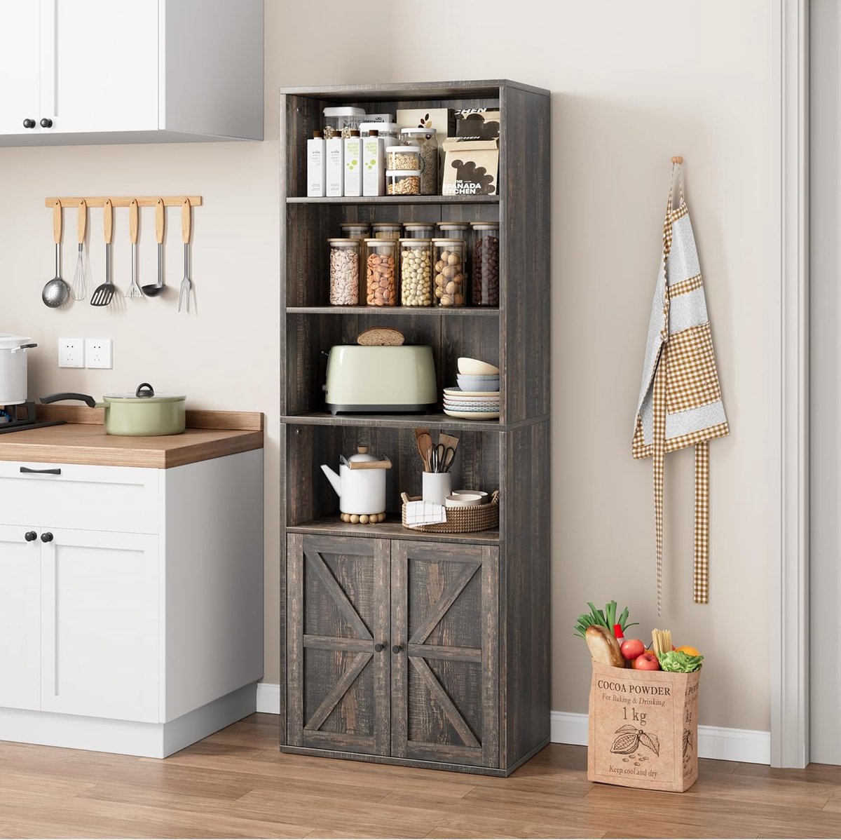 Hoge Boekenkast met Deurtjes - 6 Niveaus - Industrieel Boekenrek met Landelijke Kastdeuren - Rustiek eikenkleur- Opbergkast voor Woonkamer, Keuken en Kantoor - 181 x 60 x 30 cm