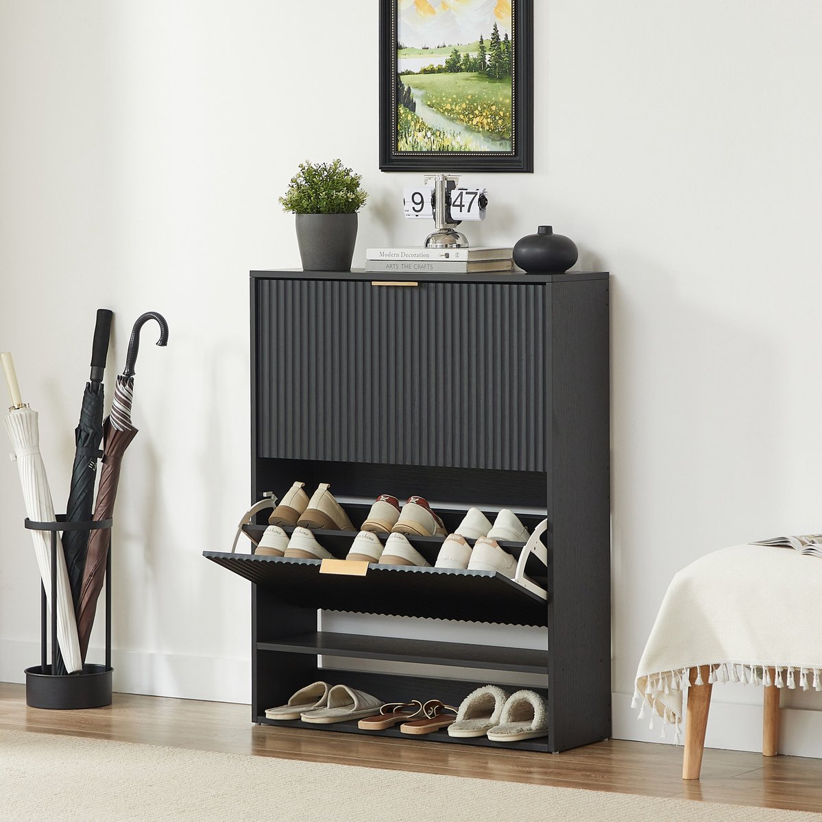 MIVRAY Schoenenkast - Smal Model Met Kipdeuren En Verstelbare Planken - Voor Hal En Entree - Spaanplaat En Metaal - Zwart - 80x24x102 Cm