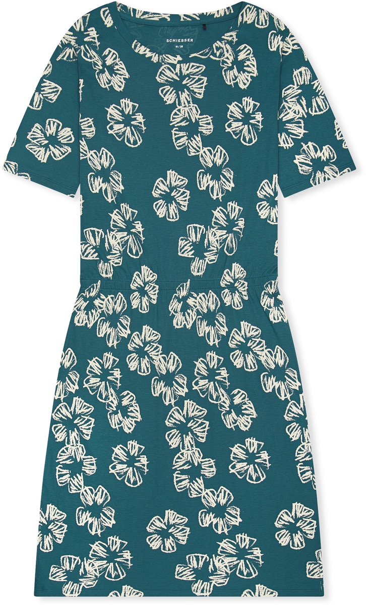 Schiesser dames Modern Nightwear nachthemd met korte mouwen - interlock - elastische tailleband - bloemenmotief - groen dessin