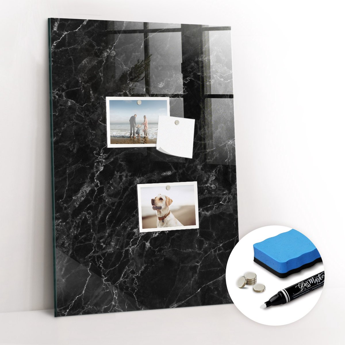 Tulup Whitebord - Mat donker marmer - 40 x 60 cm - Zwart Foto Magneetbord - Gratis 5 Sterke Magneten + Whiteboard Marker & Wisser - Organizer Muur - Magnetisch Wandbord - Planning Muur