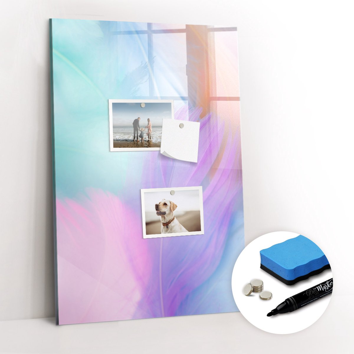 Tulup Whitebord - Pastelkleurige veren - 40 x 60 cm - Veelkleurig Magneetbord Rechthoekig - Gratis 5 Sterke Magneten + Whiteboard Marker & Wisser - Stylish Memo Board - Memobord Glas - Planning Muur