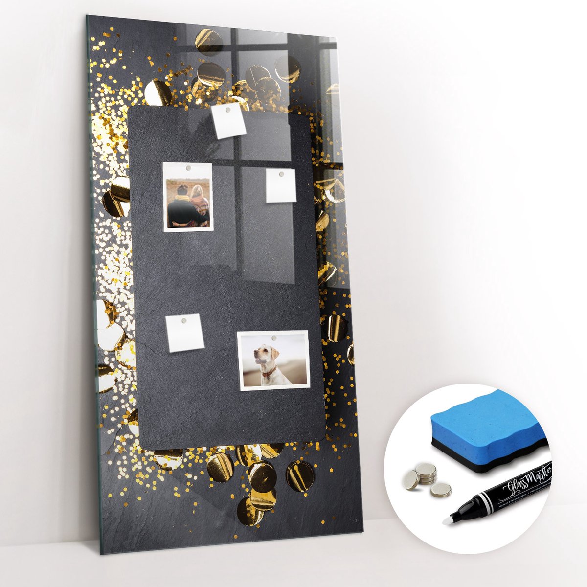 Tulup Whitebord - Gouden confetti - 60 x 120 cm - Veelkleurig Magnetisch Bord - Gratis 5 Sterke Magneten + Whiteboard Marker & Wisser - Design Memobord - Magneetbord Design - Inspiratiebord Kantoor