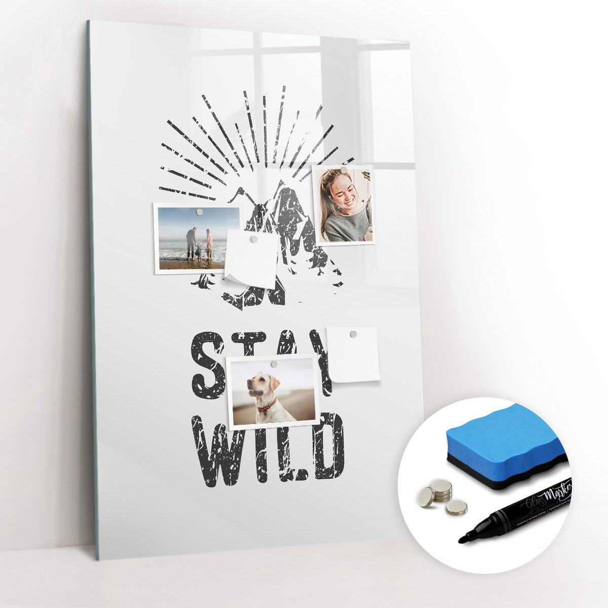 Tulup Whitebord - Stay Wild Mountains - 60 x 90 cm - Zwart-wit Magnet Board - Gratis 5 Sterke Magneten + Whiteboard Marker & Wisser - Design Memobord - Foto Magneetbord - Ideeënbord Thuiswerkplek