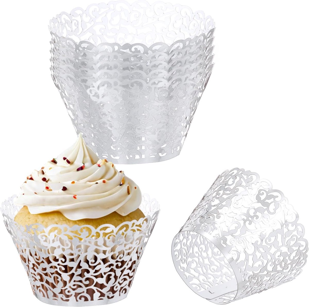 Cupcake Wrappers Papier, 50 Pack Bakbekers Standaard Wijnstok Decoratie voor Verjaardag Bruiloften en Feesten, Reflecterend Zilver