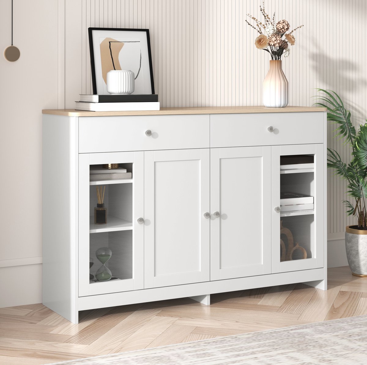 MIVRAY Dressoir - Landelijke Opbergkast Met 2 Lades En 4 Deuren - Voor Woonkamer En Eetkamer - MDF In Wit En Houtkleur - 120x37x80 Cm