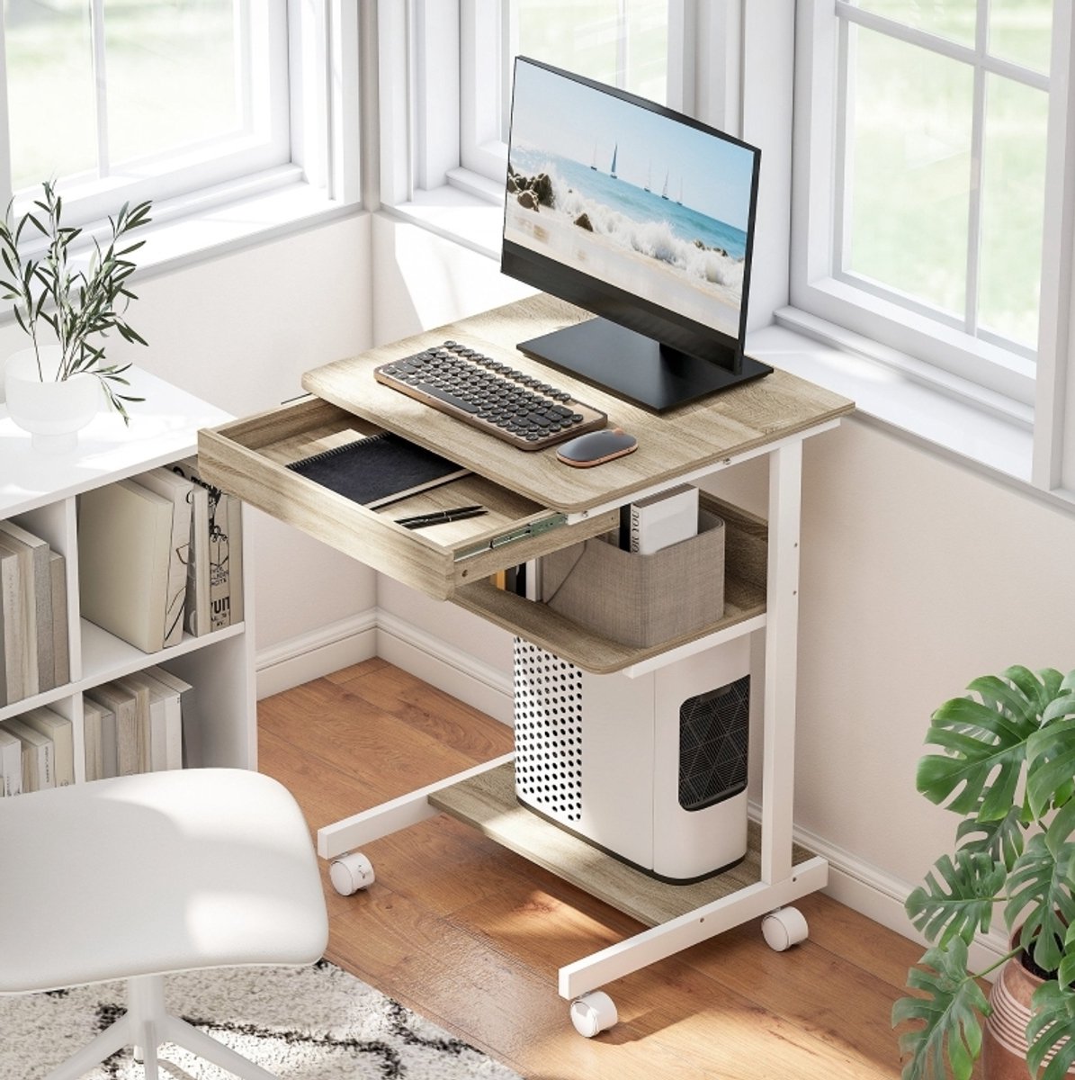 MEUNIQ rollbureau 56 x 51 x 79 cm met lade, opbergrek en 4 wielen, compact computertafel voor werkkamer, slaapkamer of studentenkamer, eiken