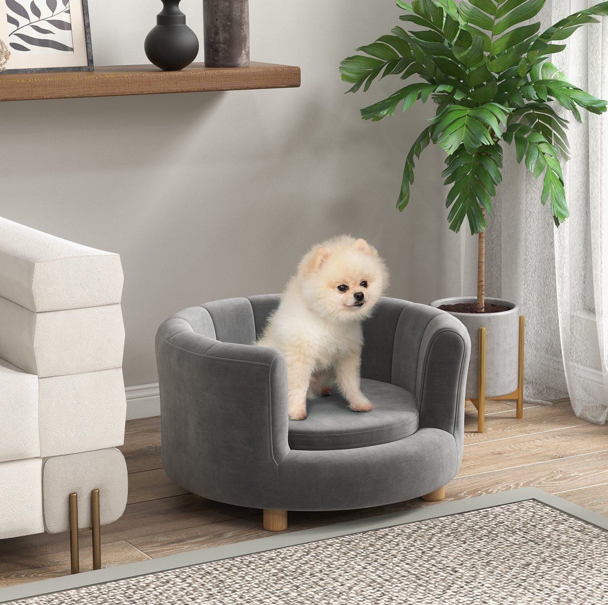 MEUNIQ hondensofa 65 x 64 x 37 cm, wasbaar huisdiersofa met rugleuning en houten poten, grijs, voor kleine honden en katten, dierenbank voor in huis
