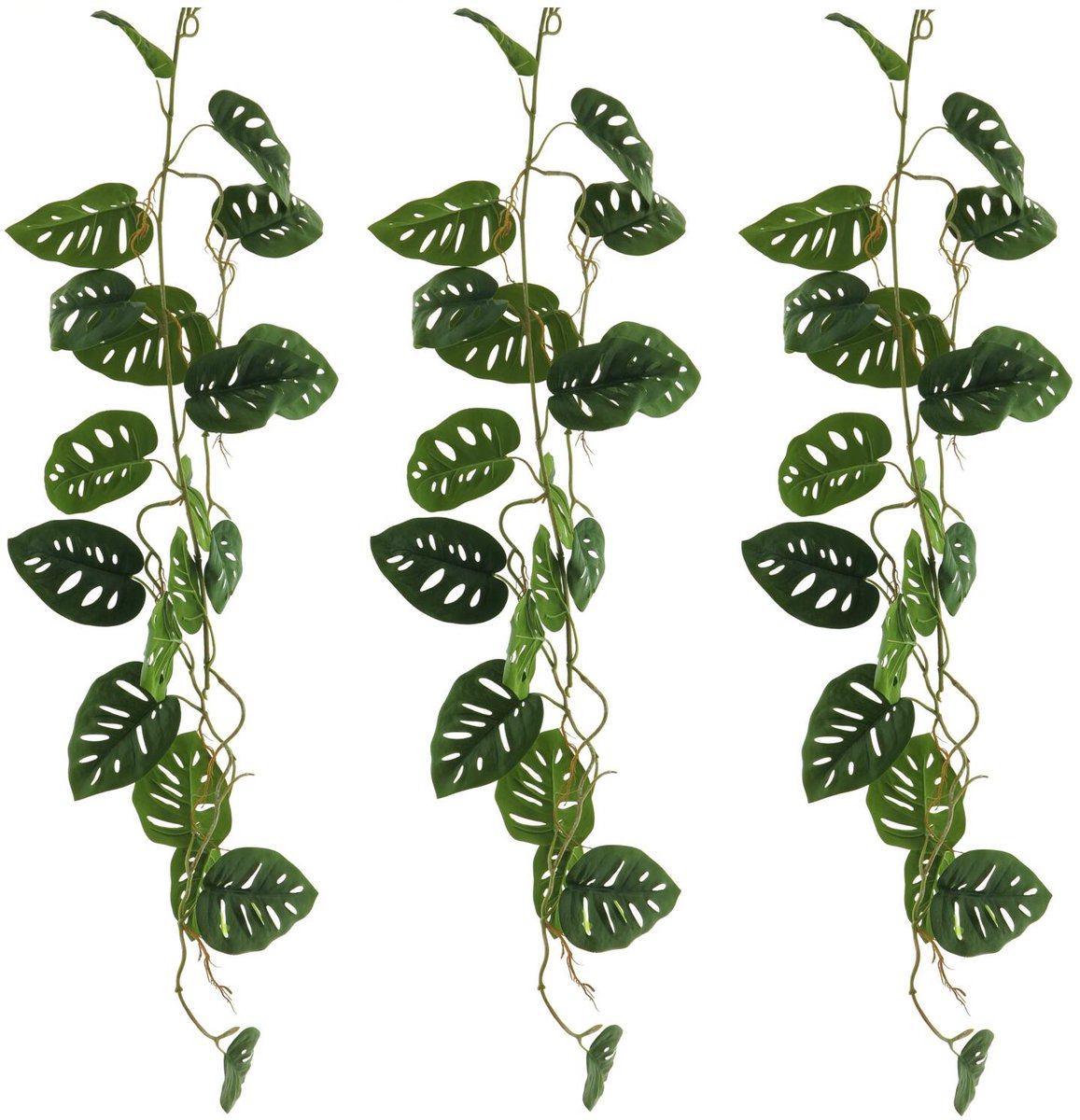 Bellatio Design kunstplant / bladeren deco slinger - 3x - Gatenplant/philodendron - groen - 120 cm lang - planten guirlandes