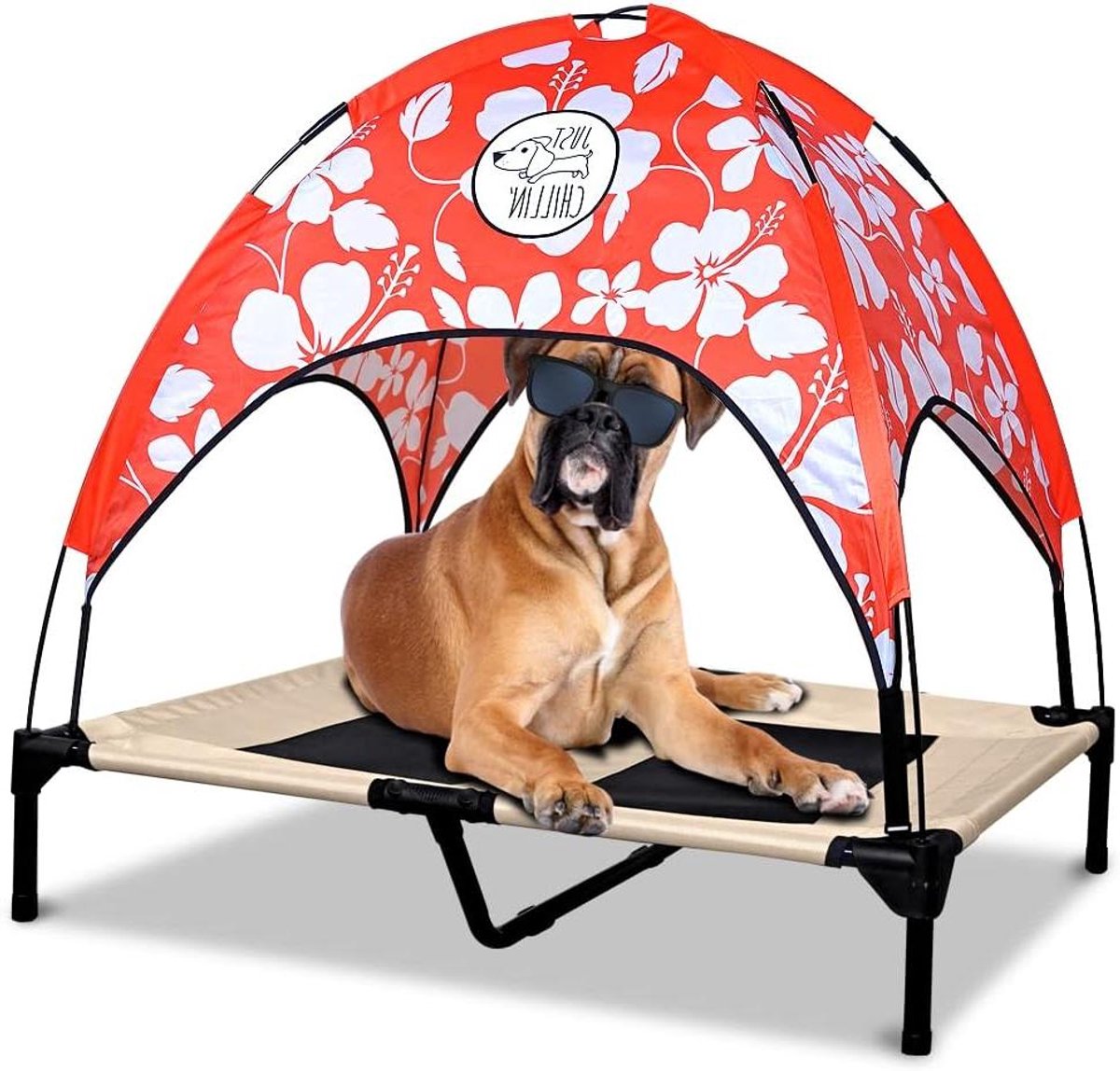 Verhoogd hondenbed - Huisdier wieg - Buiten ontspannen - Met twee luifels - 91 cm lang - Tropisch design
