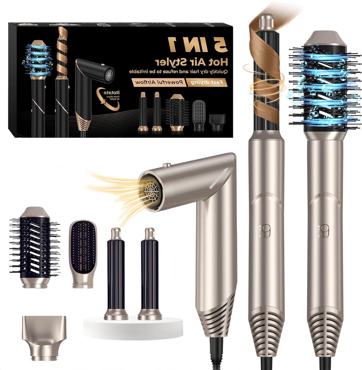 Hot Air Brush Styler - Haardroger Krultang - Haar Stylen - 5-in-1 Multifunctioneel - 1 kg - Goud