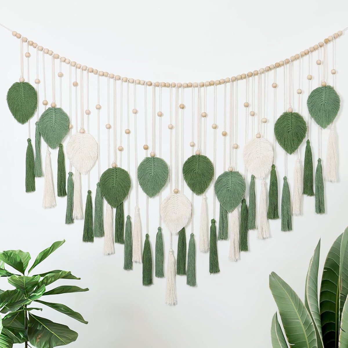 Grote Macramé Wandtapijt, Beige, Groen, Bladeren, Kwastjes, Wandtapijt Met Houten Kralen, Handgemaakt Tapijt, Wanddecoratie, Boho, Slaapkamer, Woonkamer, Kinderkamer, 130 x 80