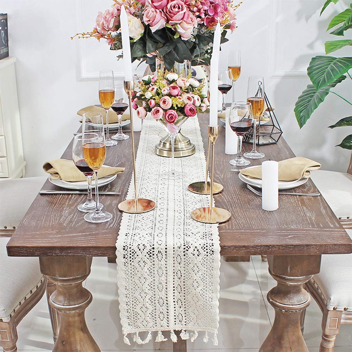 Tafelloper, rechthoekig, gehaakte kant, elegant hol mesh tafelkleed voor rustieke boho bruiloft, decoratie bruid en baby